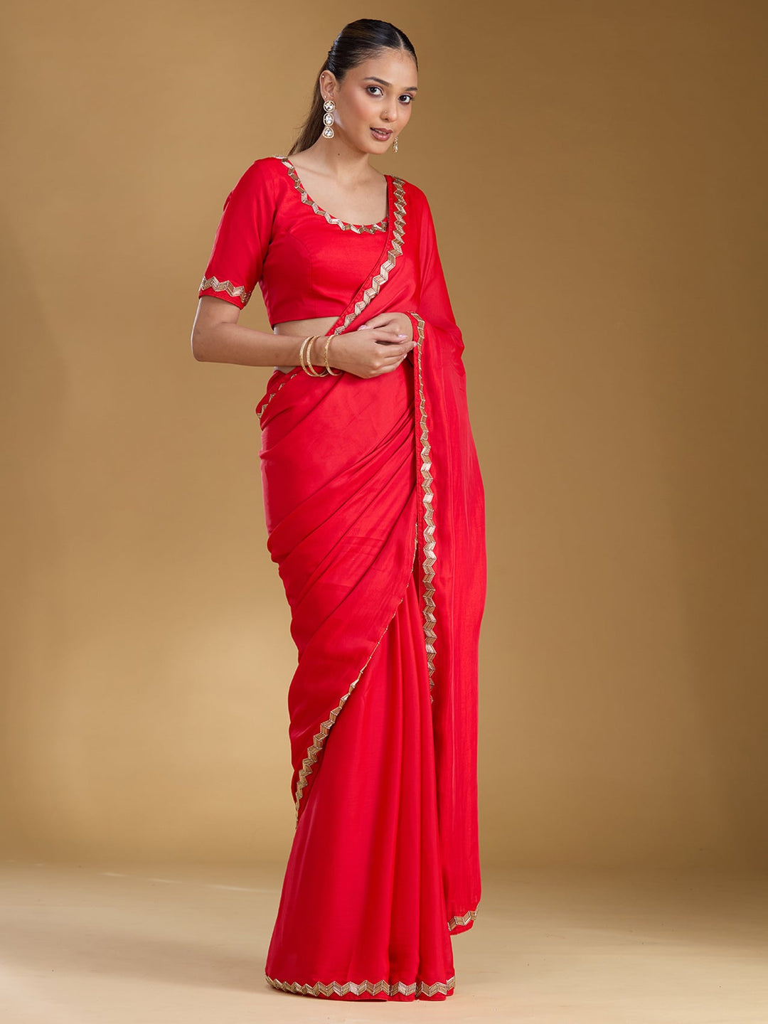 Red Ariwork Satin Saree