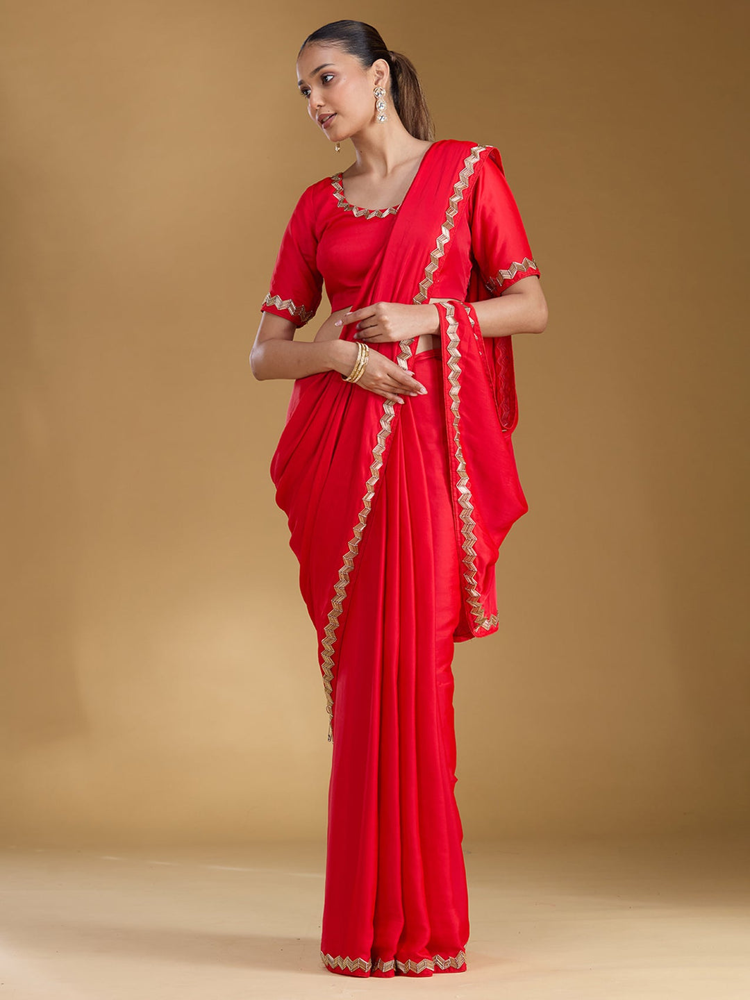Red Ariwork Satin Saree