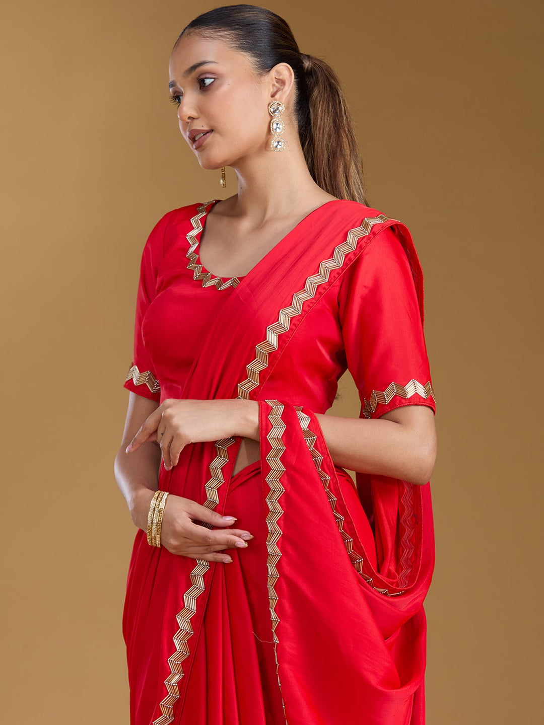 Red Ariwork Satin Saree