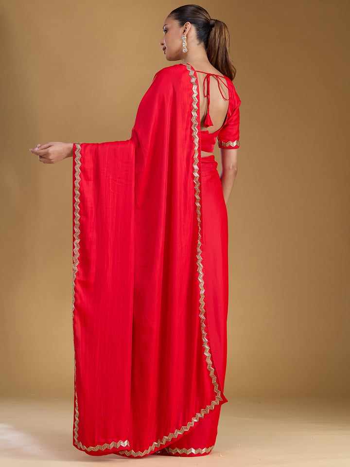 Red Ariwork Satin Saree