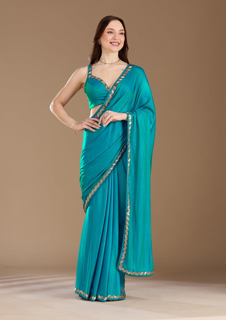 Turquoise Blue Aariwork Satin Saree
