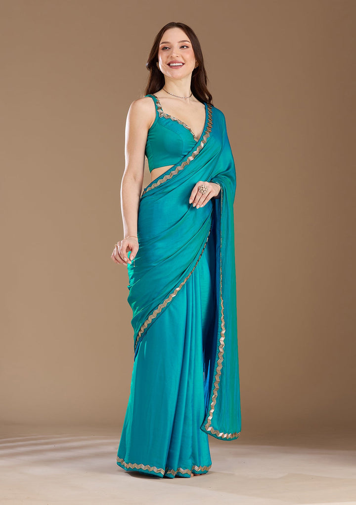 Turquoise Blue Aariwork Satin Saree