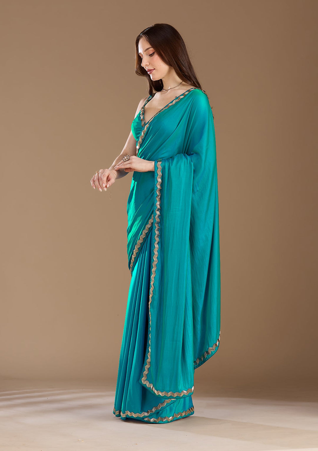 Turquoise Blue Aariwork Satin Saree