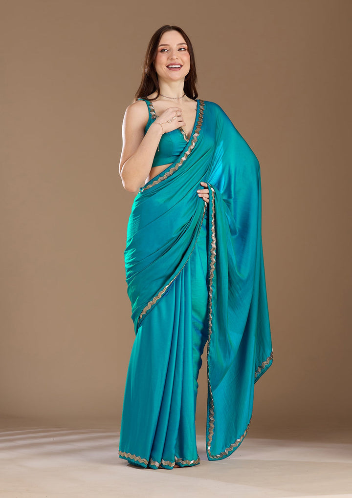 Turquoise Blue Aariwork Satin Saree