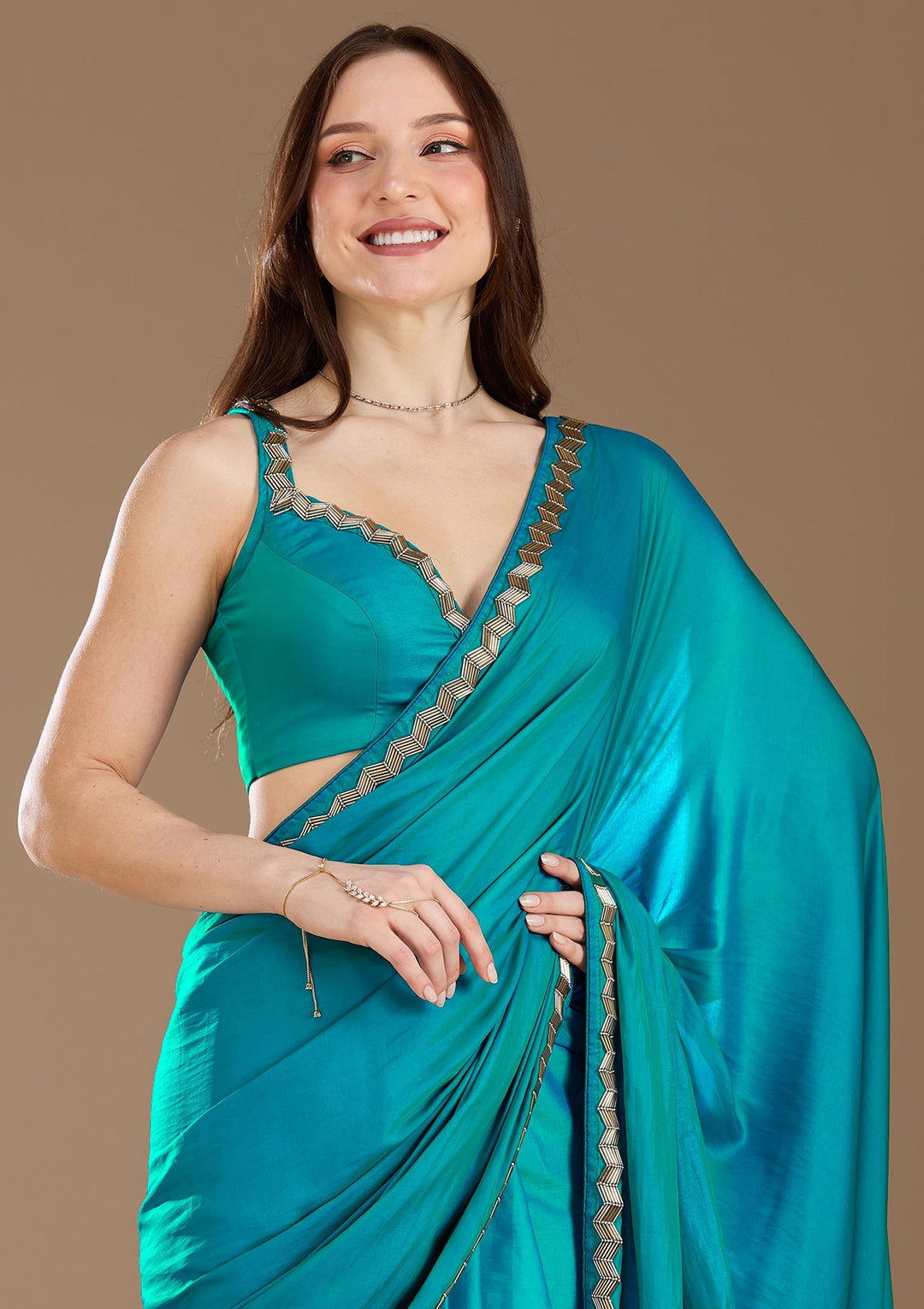 Turquoise Blue Aariwork Satin Saree