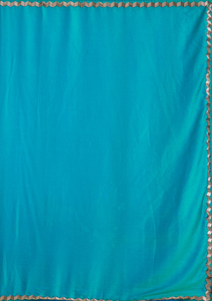 Turquoise Blue Aariwork Satin Saree