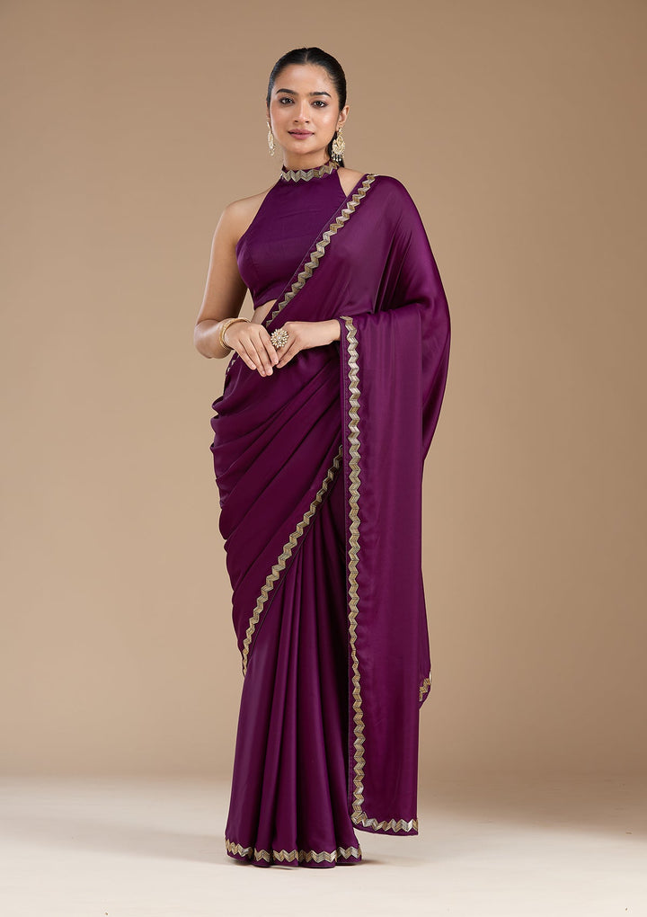 Wine Aariwork Satin Saree_koskii