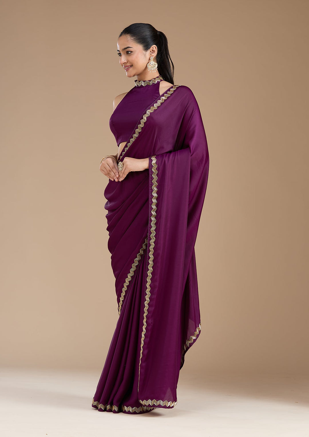 Wine Aariwork Satin Saree_koskii