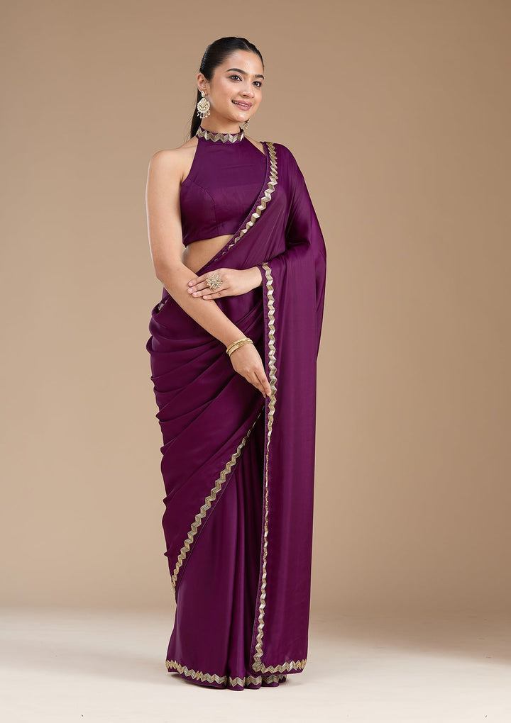 Wine Aariwork Satin Saree_koskii