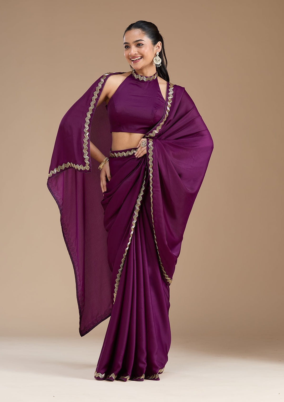 Wine Aariwork Satin Saree_koskii