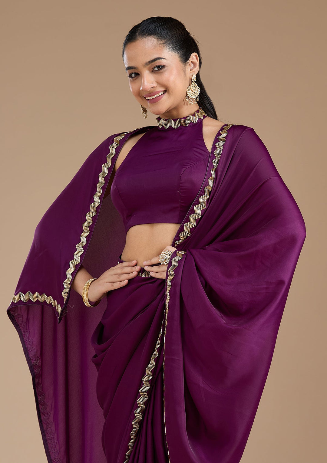 Wine Aariwork Satin Saree_koskii