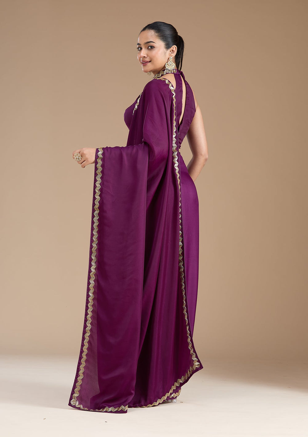 Wine Aariwork Satin Saree_koskii