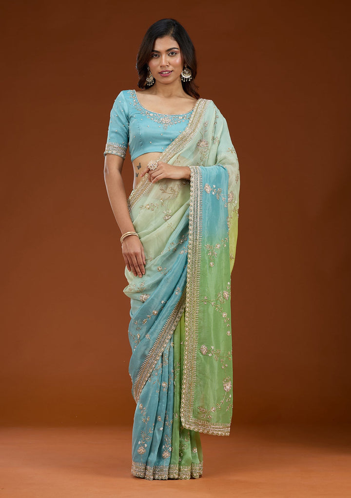 Pista Green Cutdana Tissue Saree_koskii