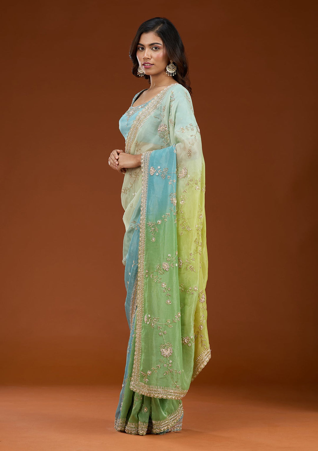 Pista Green Cutdana Tissue Saree_koskii