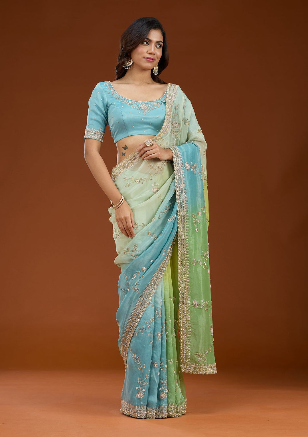 Pista Green Cutdana Tissue Saree_koskii
