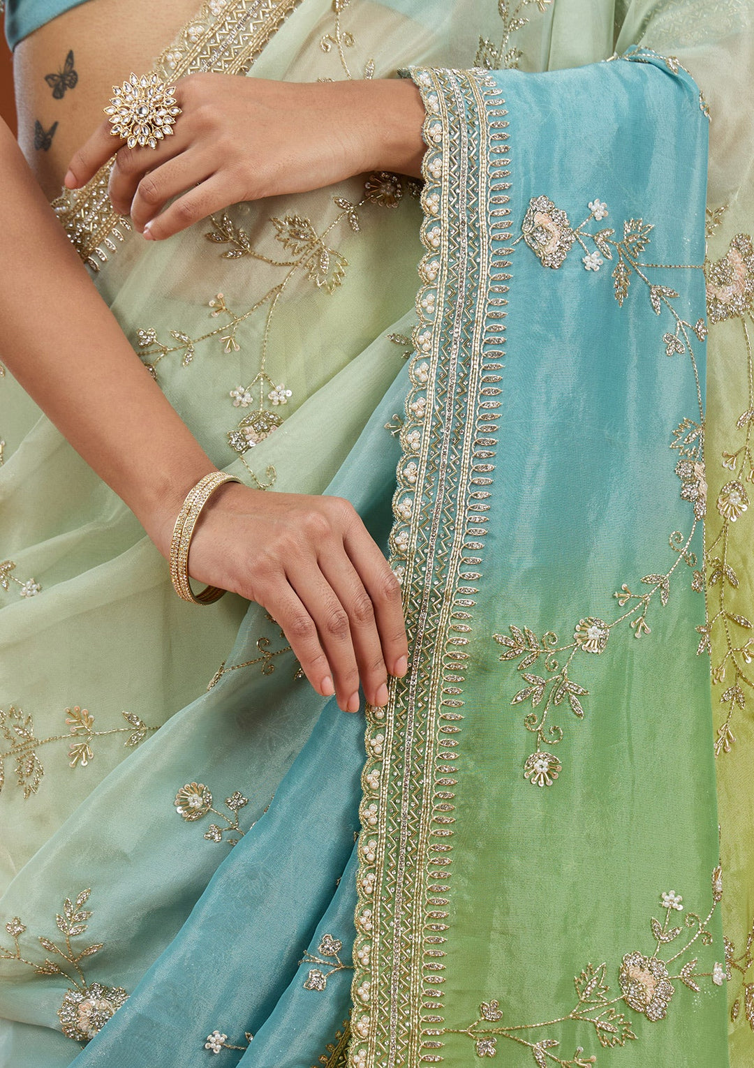 Pista Green Cutdana Tissue Saree_koskii