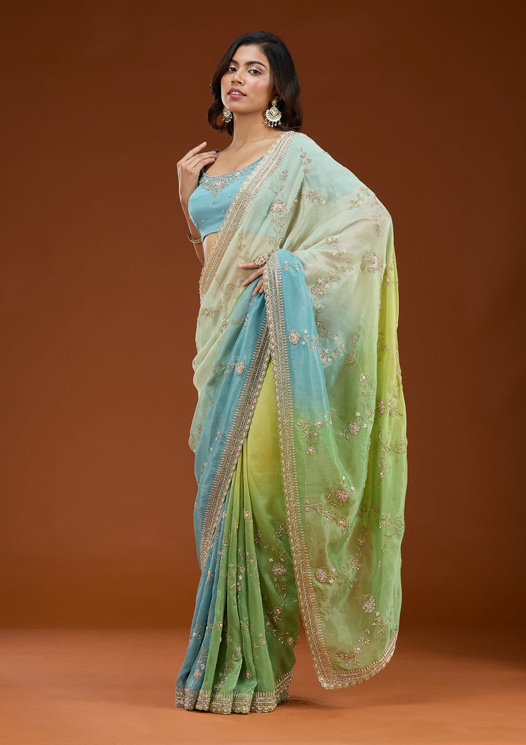 Pista Green Cutdana Tissue Saree_koskii