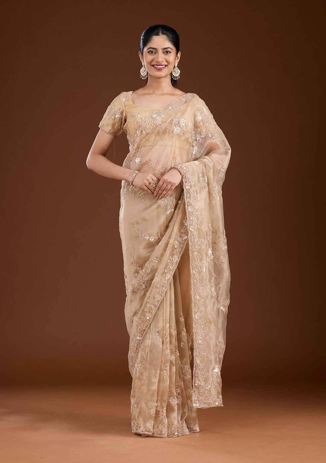 Beige Cutdana Organza Saree-koskii