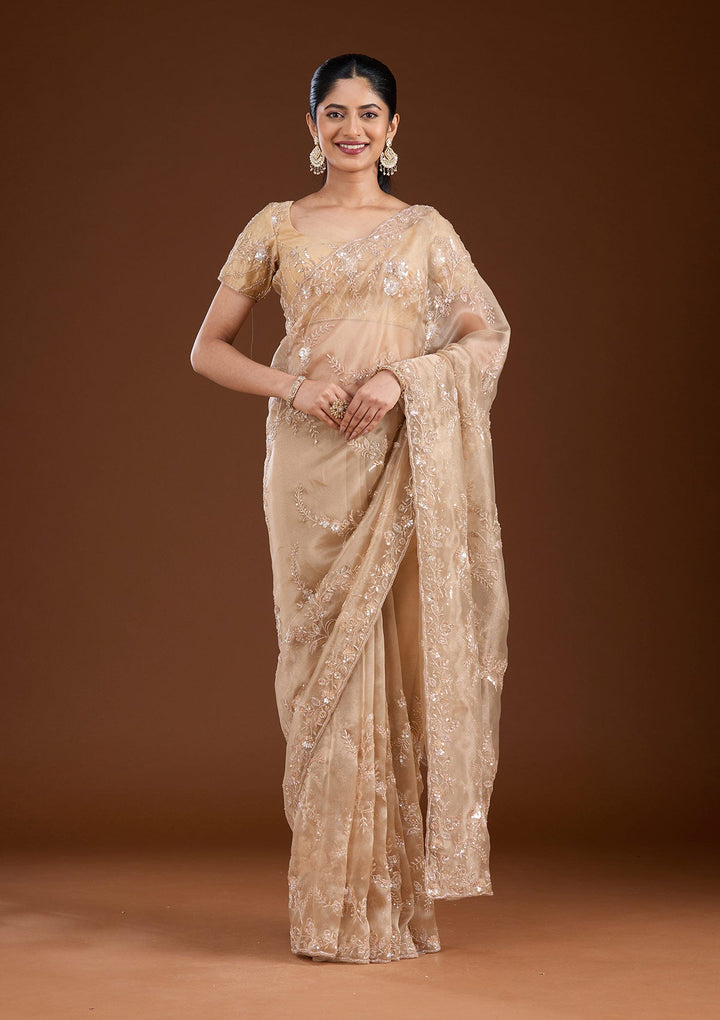 Beige Cutdana Organza Saree-koskii