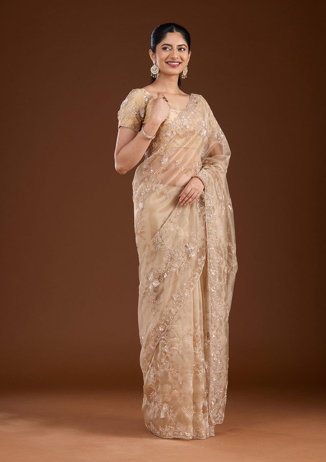 Beige Cutdana Organza Saree-koskii
