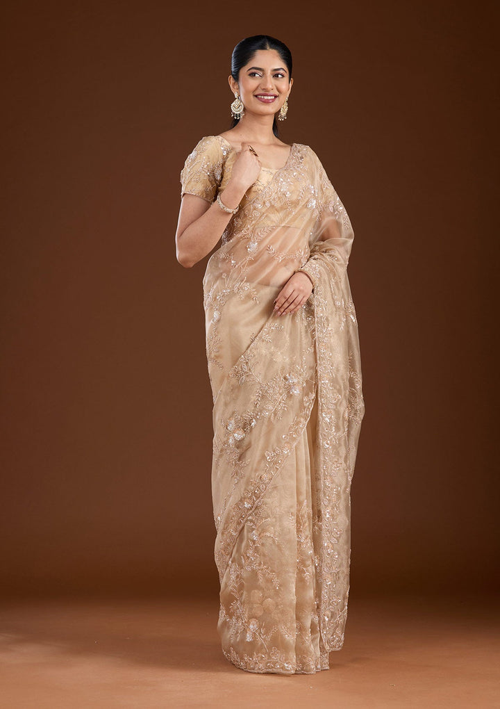 Beige Cutdana Organza Saree-koskii