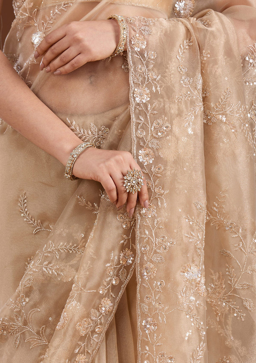 Beige Cutdana Organza Saree-koskii
