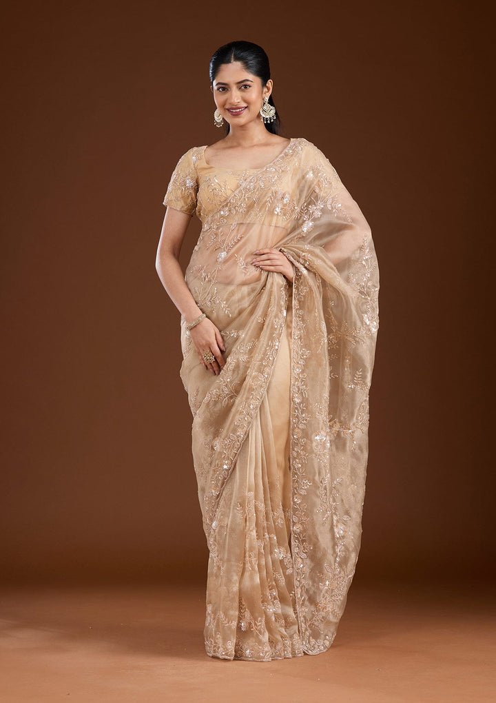Beige Cutdana Organza Saree-koskii