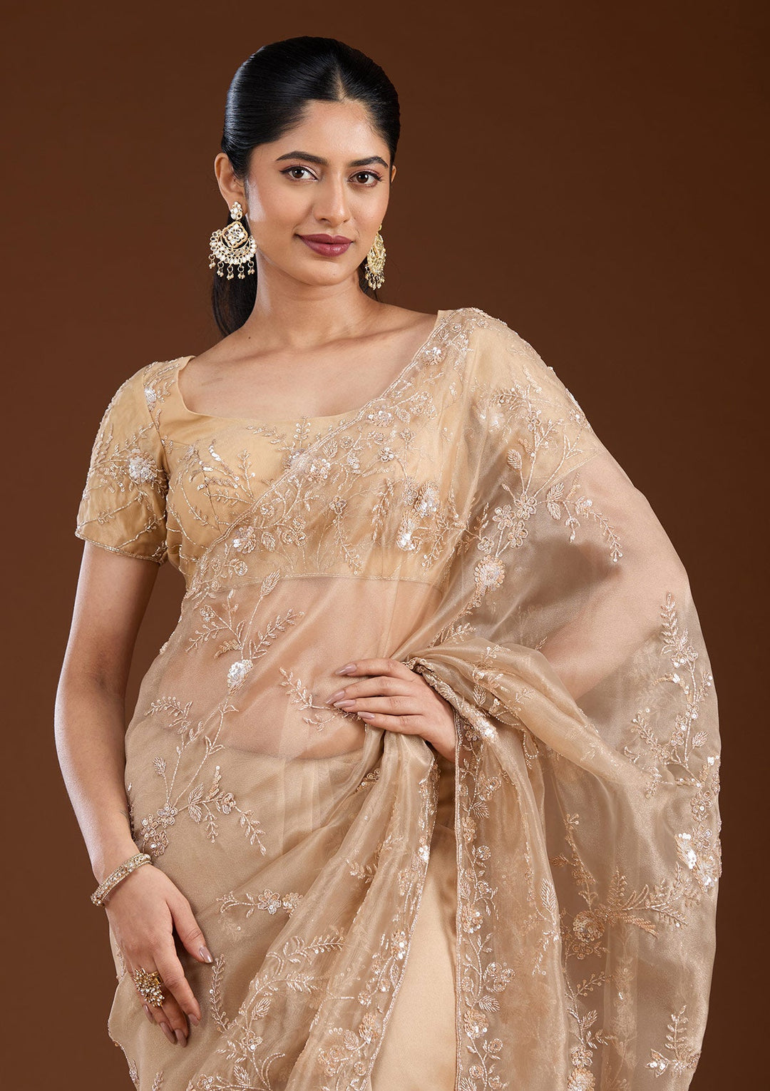 Beige Cutdana Organza Saree-koskii