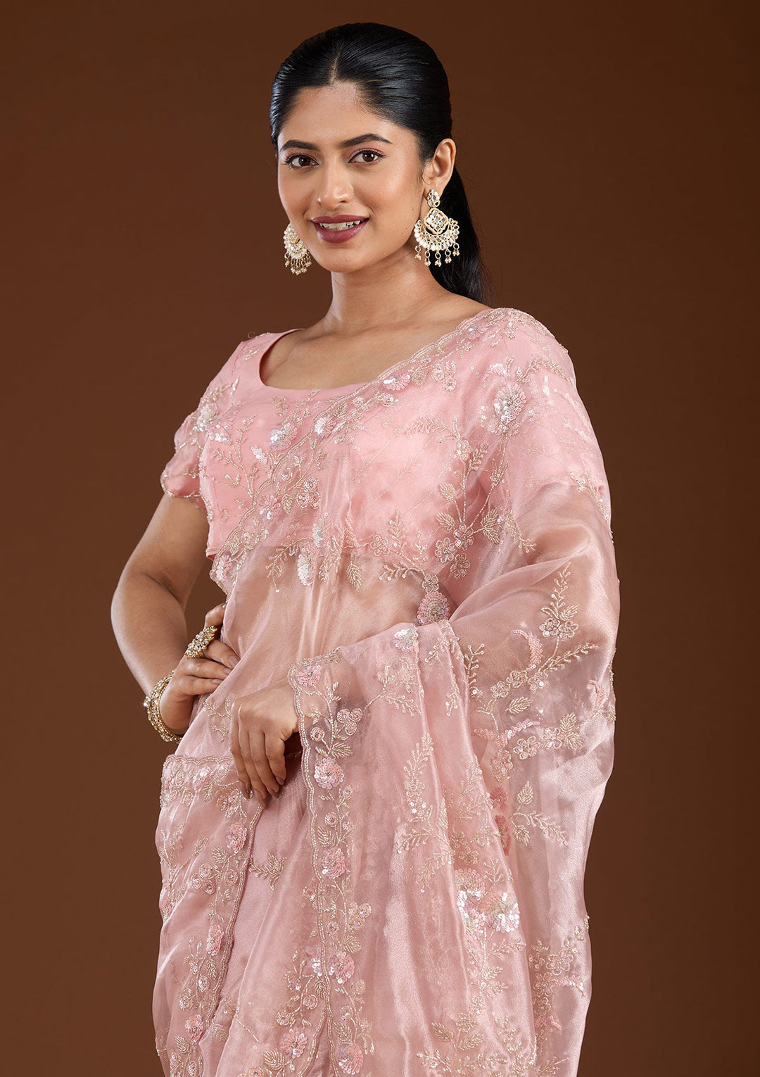 Pink Cutdana Organza Saree-koskii