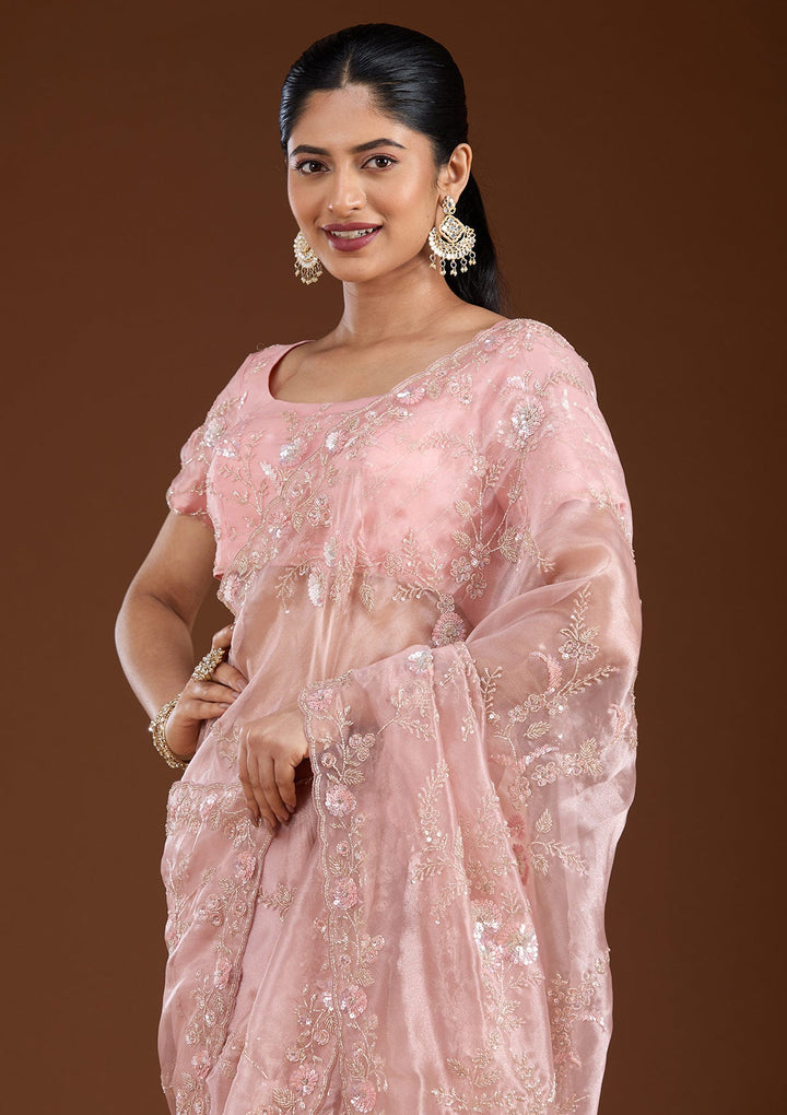 Pink Cutdana Organza Saree-koskii