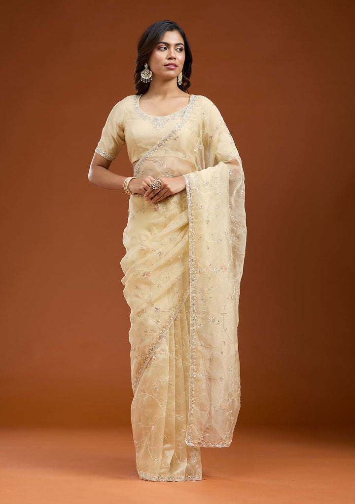Lemon Yellow Cutdana Chiffon Saree_koskii