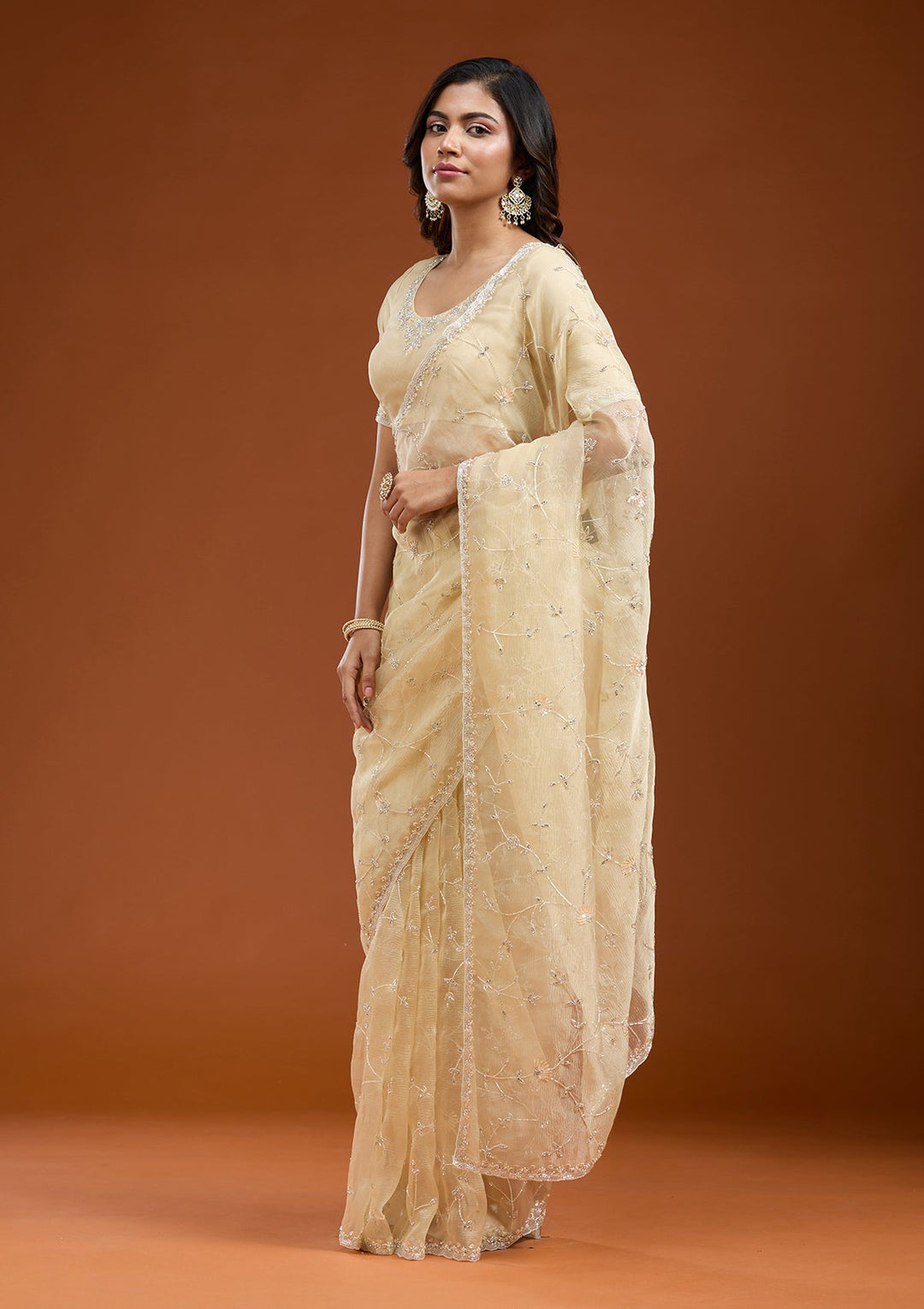 Lemon Yellow Cutdana Chiffon Saree_koskii