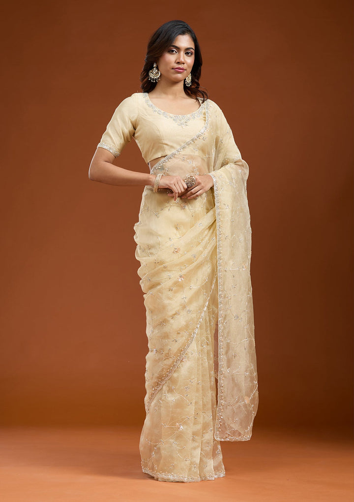 Lemon Yellow Cutdana Chiffon Saree_koskii