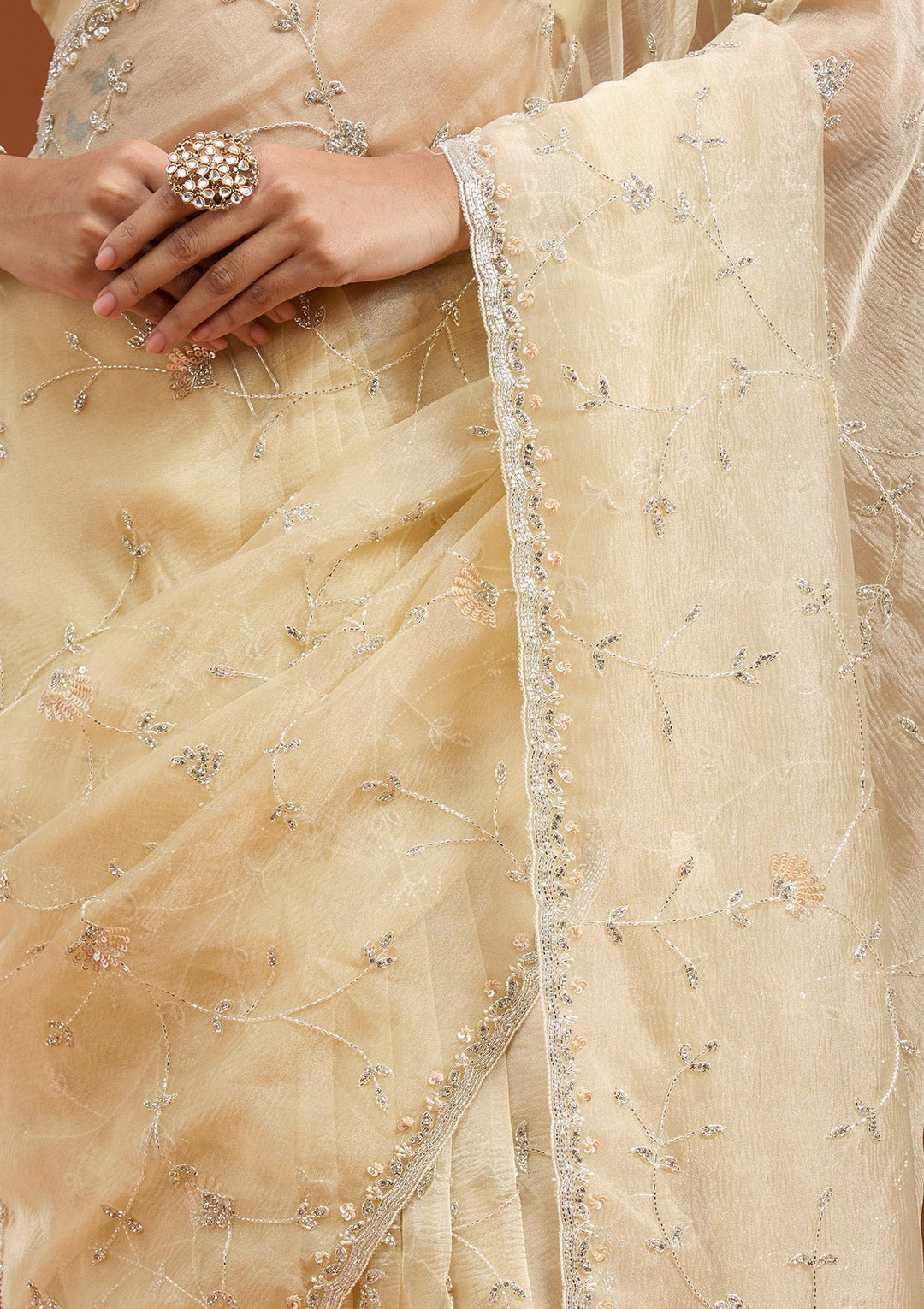 Lemon Yellow Cutdana Chiffon Saree_koskii