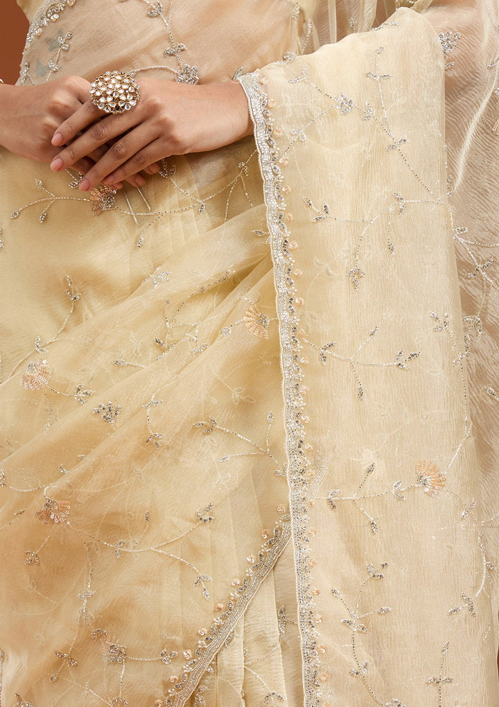 Lemon Yellow Cutdana Chiffon Saree_koskii