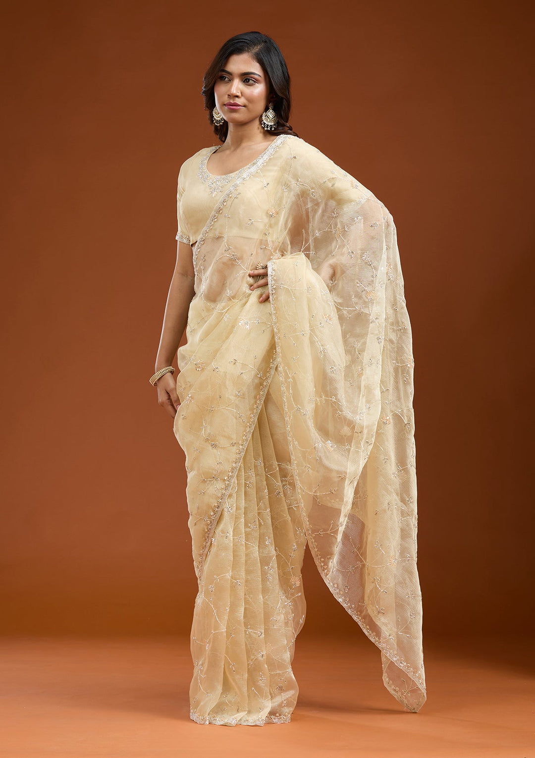 Lemon Yellow Cutdana Chiffon Saree_koskii