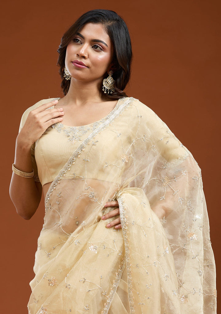 Lemon Yellow Cutdana Chiffon Saree_koskii