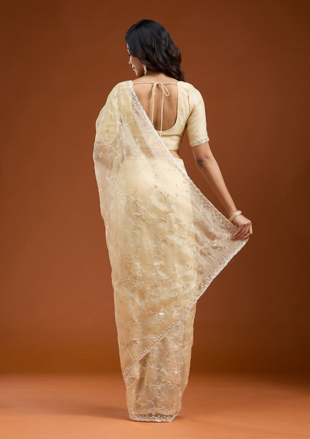 Lemon Yellow Cutdana Chiffon Saree_koskii