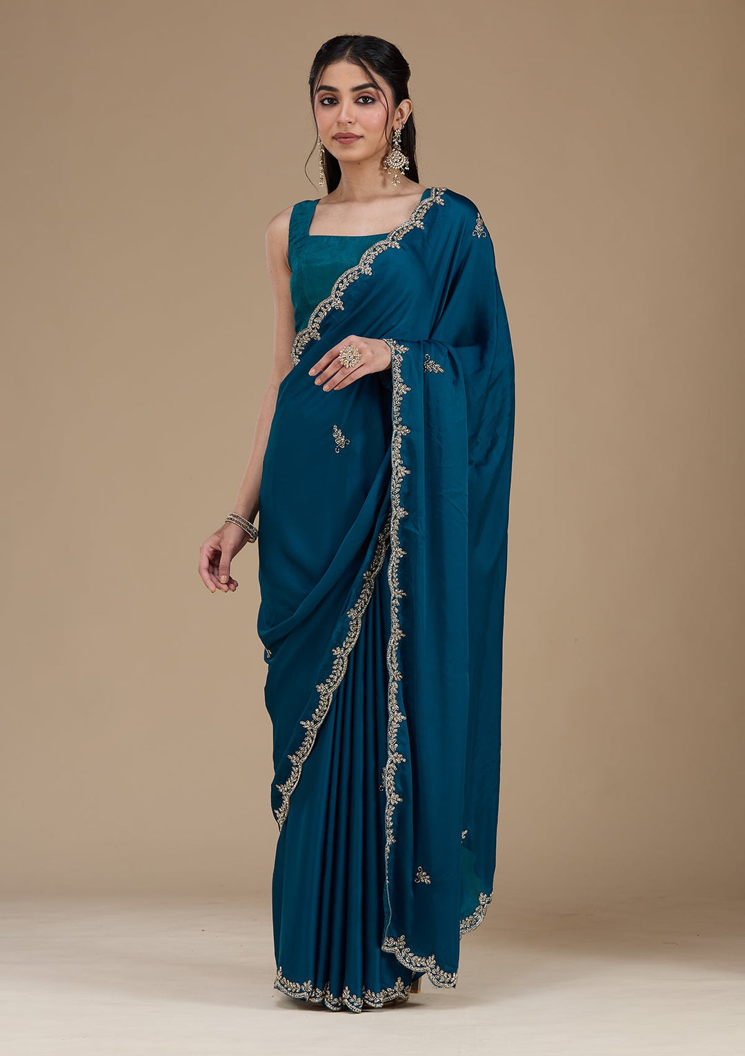 Peacock Blue Cutdana Satin Saree_koskii