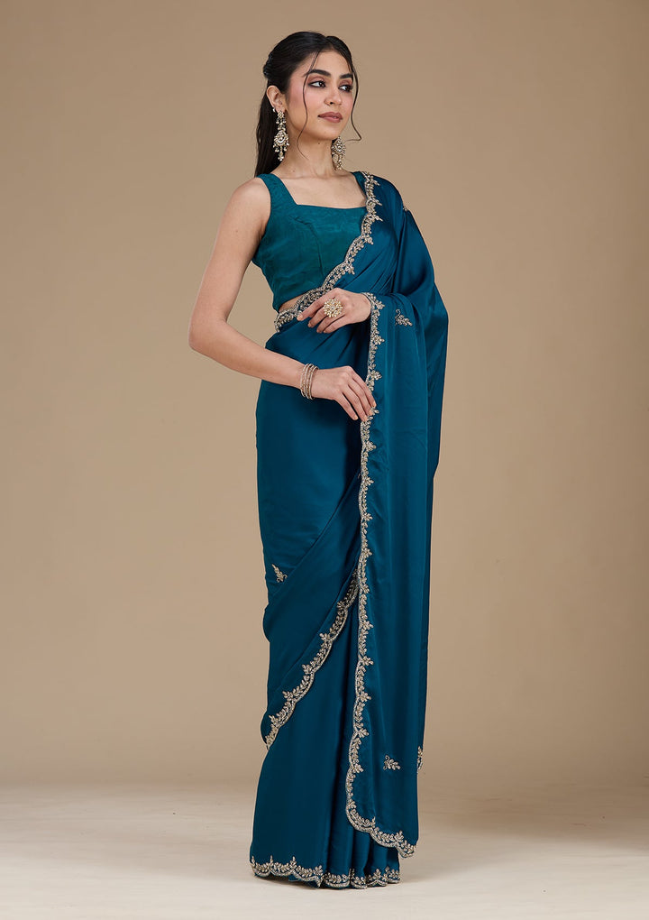 Peacock Blue Cutdana Satin Saree_koskii