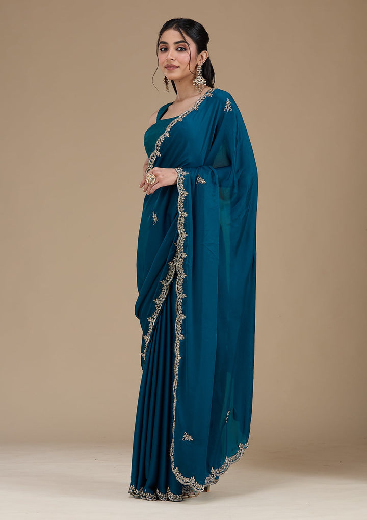 Peacock Blue Cutdana Satin Saree_koskii