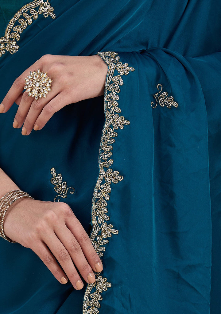Peacock Blue Cutdana Satin Saree_koskii