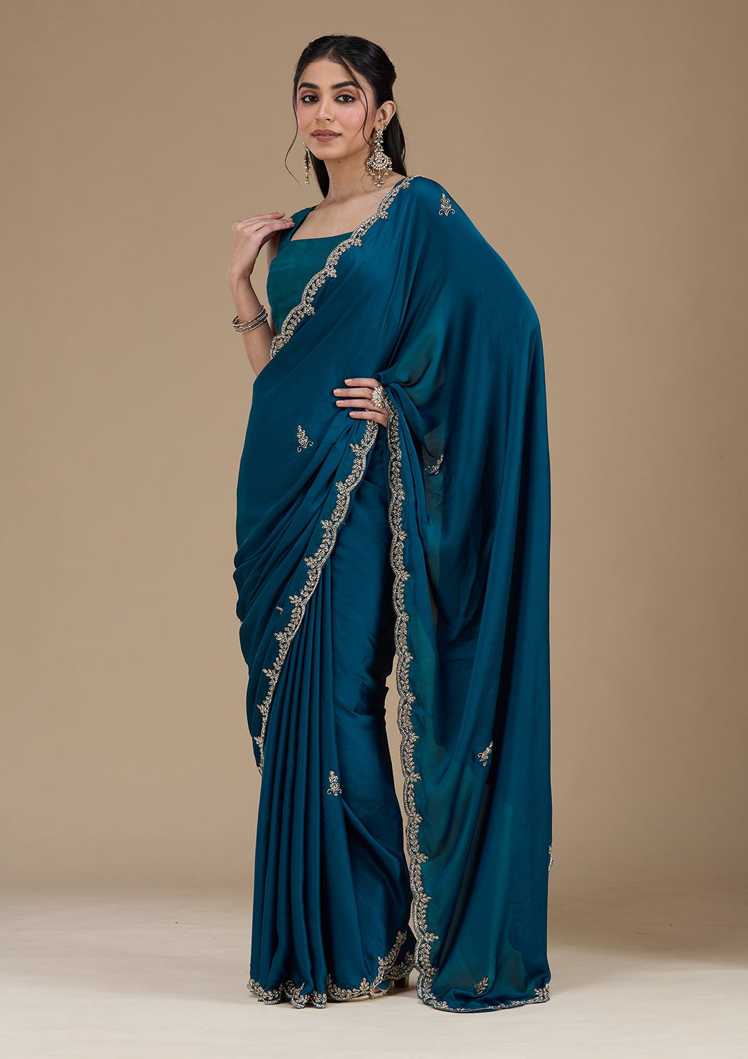 Peacock Blue Cutdana Satin Saree_koskii
