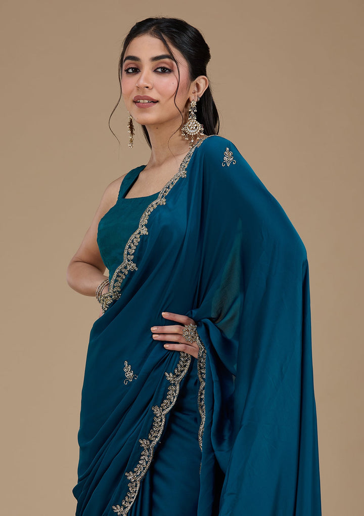 Peacock Blue Cutdana Satin Saree_koskii
