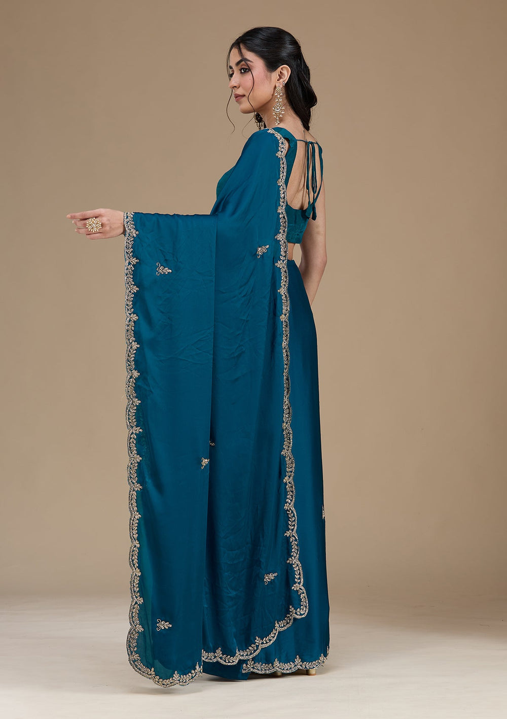 Peacock Blue Cutdana Satin Saree_koskii