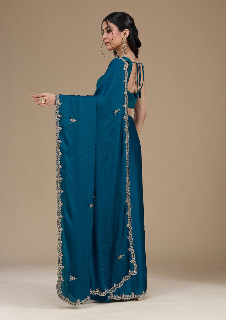 Peacock Blue Cutdana Satin Saree_koskii