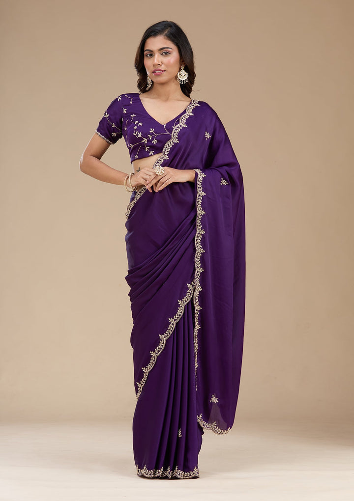Purple Cutdana Satin Saree_koskii