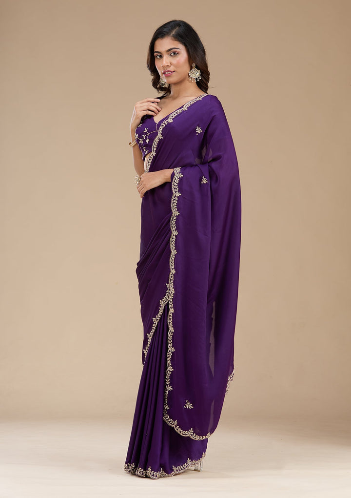 Purple Cutdana Satin Saree_koskii