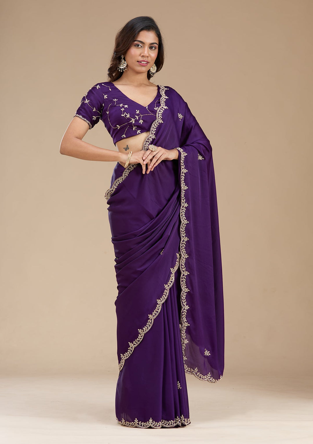 Purple Cutdana Satin Saree_koskii