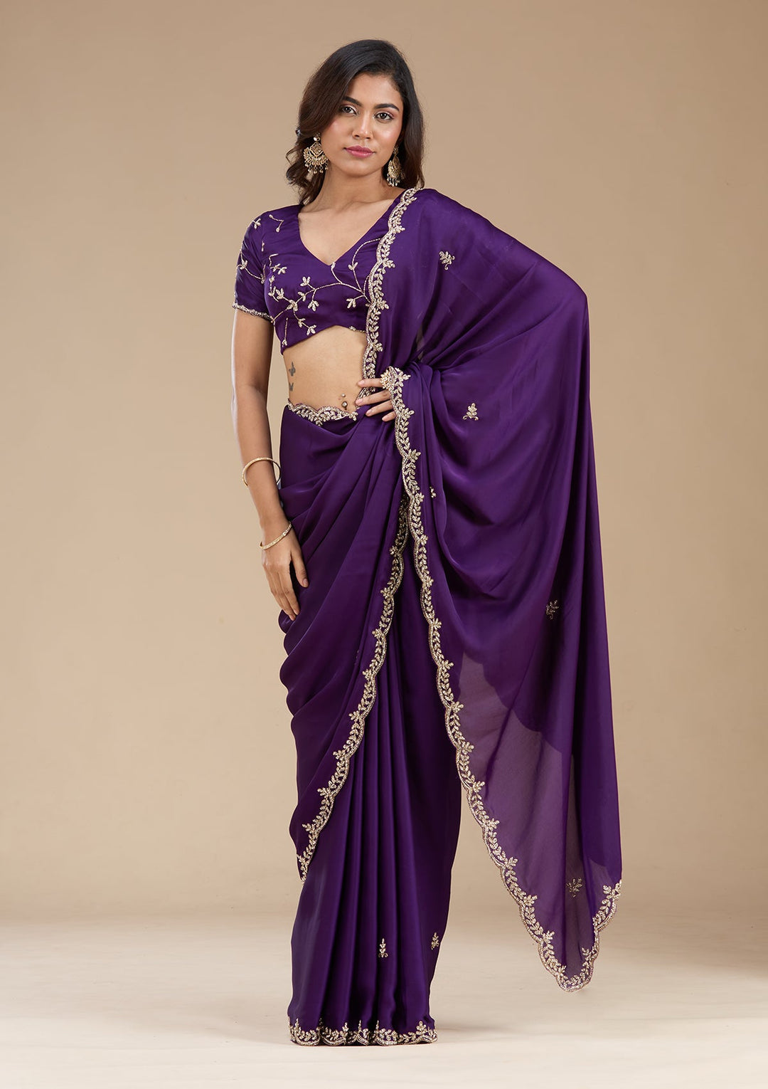 Purple Cutdana Satin Saree_koskii